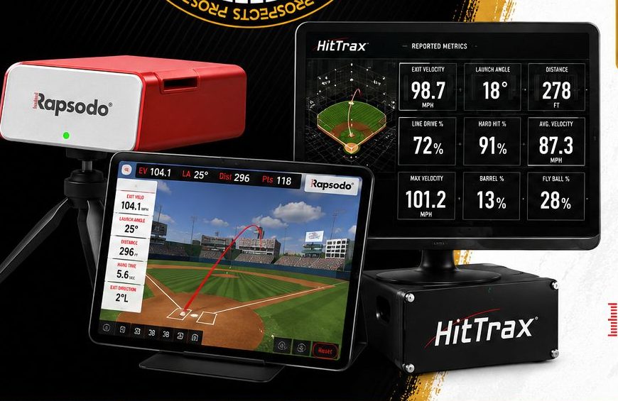 Rapsodo and HitTrax units displaying exit velocity, launch angle and distance